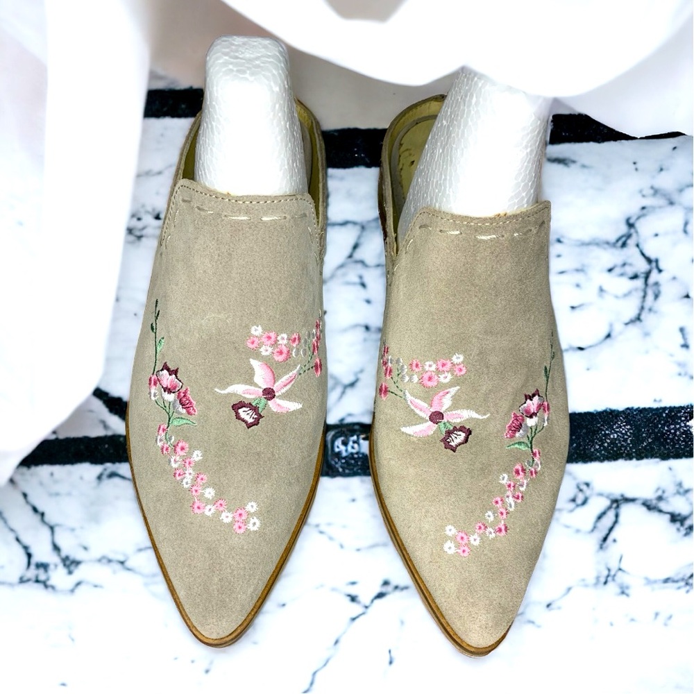 Women’s Embroidered Taupe Suede Mules - Slip-On Floral Clog